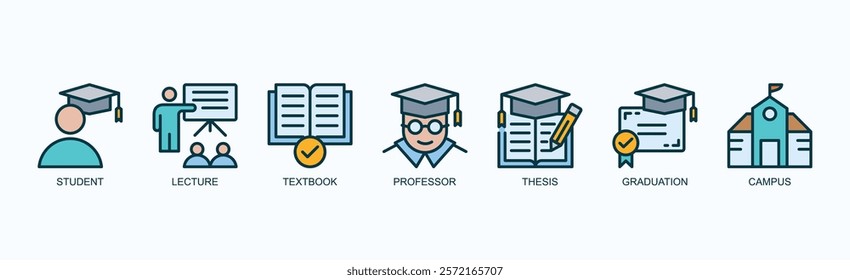 Academic Journey Icon Set Isolated Vector Illustration Concept With Icon Of Student, Lecture, Textbook, Professor, Thesis, Graduation, Campus In Blue Style