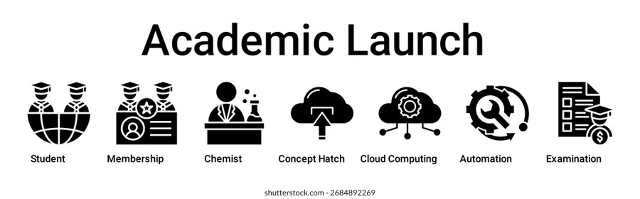 Concepto de Ilustración vectorial de ícono de Web de Anuncio de lanzamiento académico para la educación con ícono de estudiante, membresía, químico, escotilla de concepto, computación en nube, automatización.