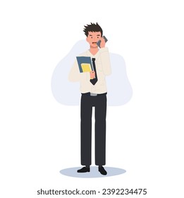 Academic Lifestyle of Thai College Student. Thai University Student in Uniform Holding Books and talking on the phone