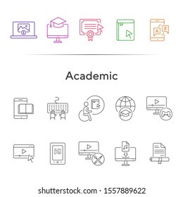 Academic line icon set. E-book, webinar, computer. Online education concept. Can be used for topics like course, diploma, self-development