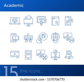 Academic line icon set. E-book, webinar, computer. Online education concept. Can be used for topics like course, diploma, self-development