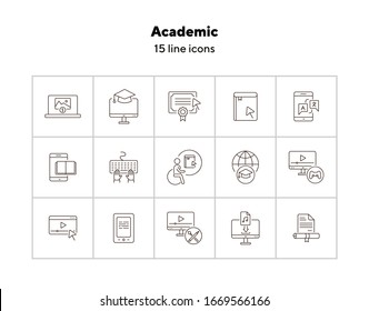 Academic line icon set. E-book, webinar, computer. Online education concept. Can be used for topics like course, diploma, self-development