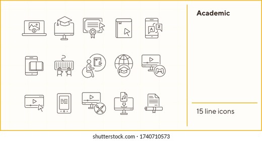 Conjunto de iconos de línea académica. E-book, webinar, computadora. Concepto de educación en línea. Se puede usar para temas como curso, diploma, autodesarrollo
