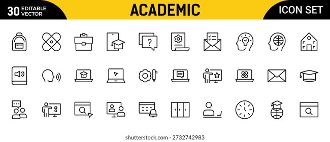 Conjunto de Ícones de Linha Acadêmica - Educação, Estudo e Ciência Thin Outline Icons Collection com Cérebro Humano, Campos de Estudo, Graduação, Escola, Universidade e Símbolos de Conhecimento, Ilustração vetorial limpa