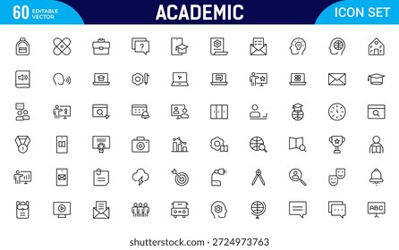 Conjunto de iconos de línea académica. estudio y ciencia. Incluye el cerebro humano, los campos de estudio, la graduación, la escuela, la universidad y el conocimiento. Paquete de iconos de contorno delgado. Ilustración vectorial