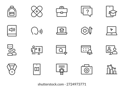 Conjunto de iconos de línea académica. estudio y ciencia. Incluye el cerebro humano, los campos de estudio, la graduación, la escuela, la universidad y el conocimiento. Paquete de iconos de contorno delgado. Ilustración vectorial