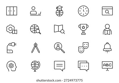 Conjunto de iconos de línea académica. estudio y ciencia. Incluye el cerebro humano, los campos de estudio, la graduación, la escuela, la universidad y el conocimiento. Paquete de iconos de contorno delgado. Ilustración vectorial