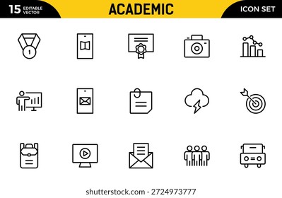 Conjunto de iconos de línea académica. estudio y ciencia. Incluye el cerebro humano, los campos de estudio, la graduación, la escuela, la universidad y el conocimiento. Paquete de iconos de contorno delgado. Ilustración vectorial