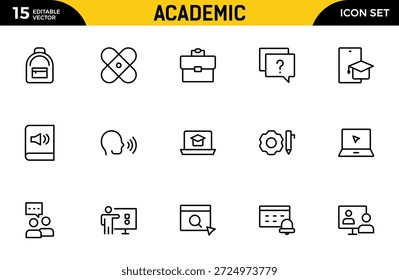 Conjunto de iconos de línea académica. estudio y ciencia. Incluye el cerebro humano, los campos de estudio, la graduación, la escuela, la universidad y el conocimiento. Paquete de iconos de contorno delgado. Ilustración vectorial