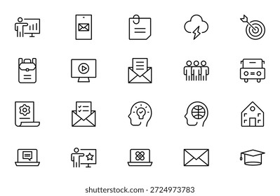 Conjunto de iconos de línea académica. estudio y ciencia. Incluye el cerebro humano, los campos de estudio, la graduación, la escuela, la universidad y el conocimiento. Paquete de iconos de contorno delgado. Ilustración vectorial