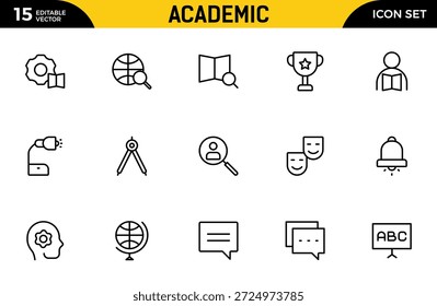 Conjunto de iconos de línea académica. estudio y ciencia. Incluye el cerebro humano, los campos de estudio, la graduación, la escuela, la universidad y el conocimiento. Paquete de iconos de contorno delgado. Ilustración vectorial