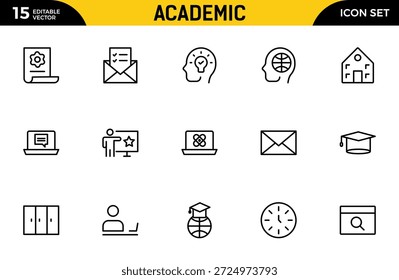 Conjunto de iconos de línea académica. estudio y ciencia. Incluye el cerebro humano, los campos de estudio, la graduación, la escuela, la universidad y el conocimiento. Paquete de iconos de contorno delgado. Ilustración vectorial