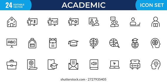 Conjunto de Ícones de Linha Acadêmica - Estudando e Ciência Thin Outline Icons Collection Incluindo Cérebro Humano, Campos de Estudo, Graduação, Escola, Universidade e Conhecimento, Ilustração de Vetor Moderno