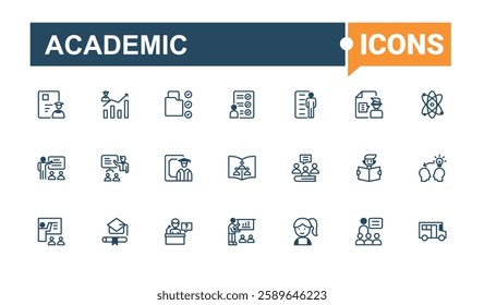 Academic line icons set. Contains such icons as training, student, university, digital, man, seminar and more. Outline icon. Editable vector outline and solid icons.