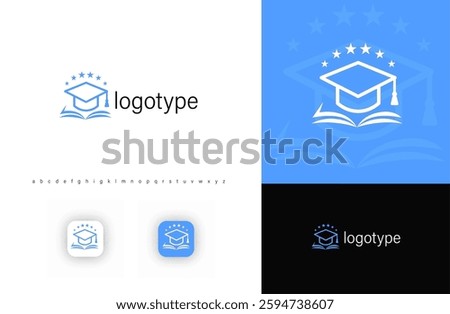 Academic logo with a graduation cap, open book, and stars, symbolizing education, success, and achievement. Ideal for schools, universities, and e-learning platforms. Vector logo