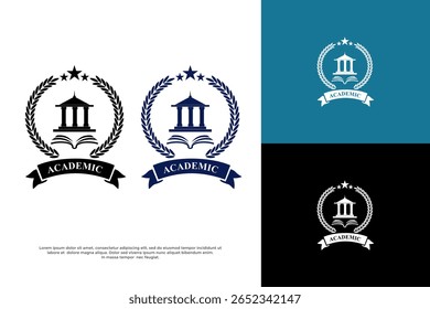 Academic logo with university building, open book, and laurel wreath for educational institutions.