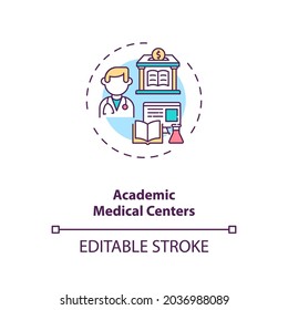 Academic medical centers concept icon. Sponsorship idea thin line illustration. Medical school. Providing clinical research and care. Vector isolated outline RGB color drawing. Editable stroke