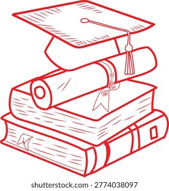 Academic mortarboard graduation cap balanced atop a rolled diploma scroll resting on two thick hardcover books symbolizes the formal completion of university studies and the attainment of higher education through diligent scholarly pursuit and consistent academic effort during a student life cycle.