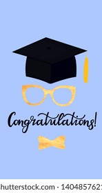 Academic mortarboard with Tassel. University Graduation Cap. Congratulatory posters for the festive ceremony