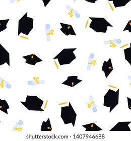 Academic mortarboard with Tassel. University Graduation Cap. Scroll tied with a ribbon and graduate hat seamless pattern