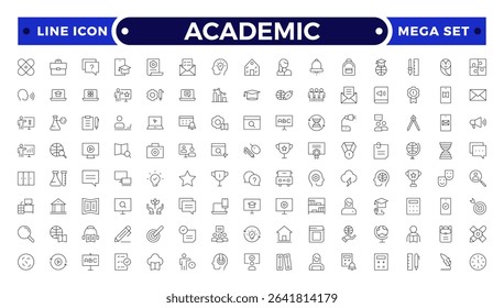 Academic Outline icons of education, studying and science. Includes human brain, fields of study, graduation, school, university and knowledge. Designed for web, mobile, promo materials.
