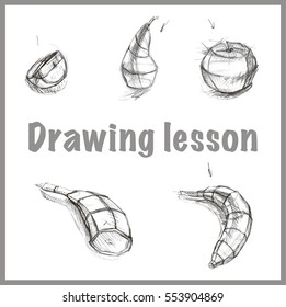 Academic pencil drawing lesson for beginners. Apple, orange, lemon, banana, pear
