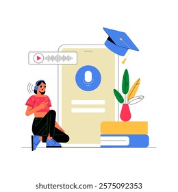 Academic Podcast Icon With Female Speaker And Graduation Cap In Flat Vector Illustration Symbolizing Education, Learning, And Technology, Isolated On White Background