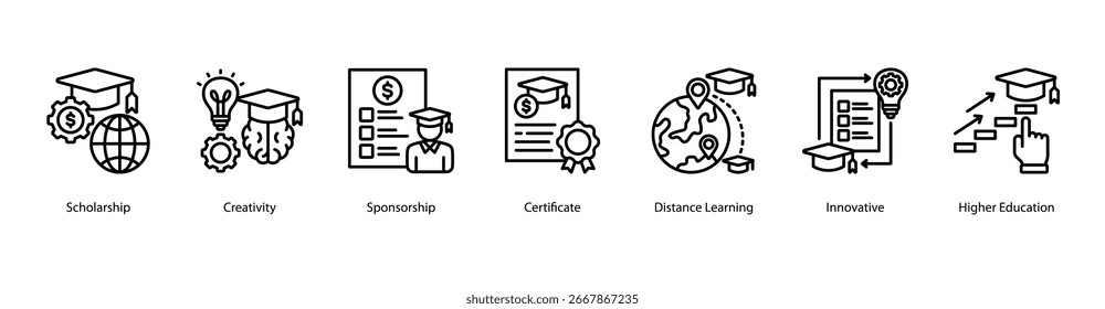 Academic Recognition web banner icon vector illustration featuring Scholarship, Creativity, Sponsorship, Certificate, Distance Learning, Innovative, and Higher Education.
