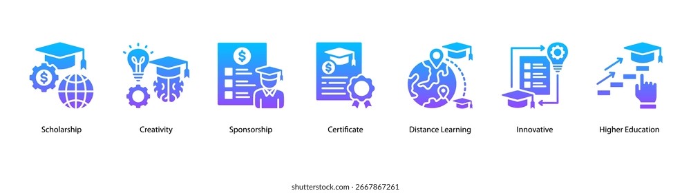 Academic Recognition web banner icon vector illustration featuring Scholarship, Creativity, Sponsorship, Certificate, Distance Learning, Innovative, and Higher Education.
