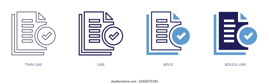 Icono de informe académico en 4 estilos diferentes. Línea delgada, línea, negrita y línea negrita. Estilo duotono. Trazo editable.