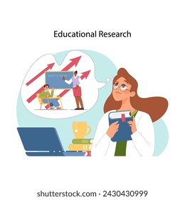 Academic research insight. Female educator engaged in educational research, striving to improve studying process. Quest for knowledge and academic excellence. Flat vector illustration