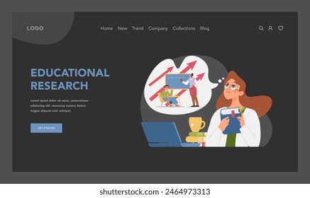 Academic research insight. Female educator engaged in educational research, striving to improve studying process. Quest for knowledge and academic excellence. Flat vector illustration