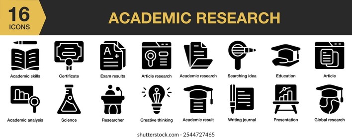 Academic Research solid icon set. Includes academic, certificate, exam, research, creative thinking, science, and More. Solid icons vector collection.