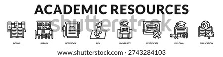 Academic resources banner presenting comprehensive educational materials and institutional learning assets. in Lineal Icon Style