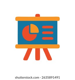 Recursos acadêmicos ilustrados com quadro de apresentação azul com gráfico de pizza e linhas. Adequado para apresentações educacionais e de negócios.
