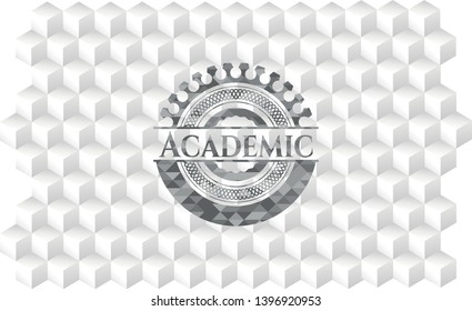Academic retro style grey emblem with geometric cube white background