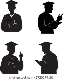 Akademischer Gelehrter Graduierung Silhouette Vektor einzeln. Clip Art von akademischen Gelehrten posieren für Asset, Karte, Design, Bildung