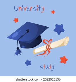 academic set for graduates of schools and educational institutions. Preparing for September. Text, University, school