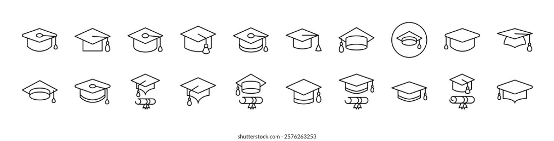 Academic Square Cap Outline Simple Linear Image Collection. Editable Stroke. Suitable for Web Sites, Books, Cards, Apps