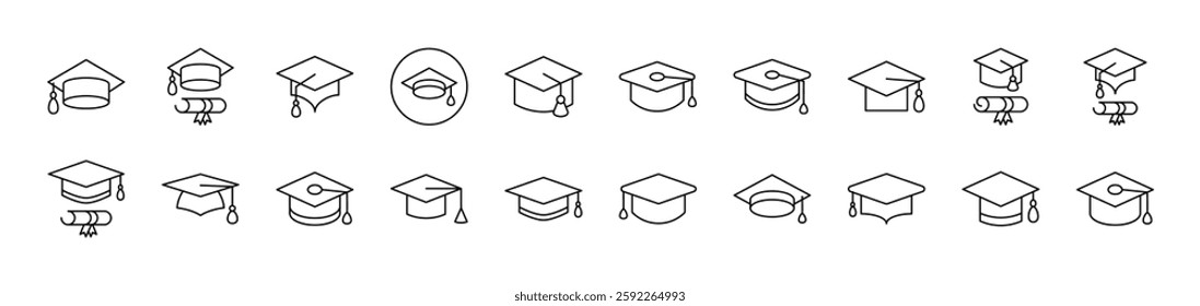 Academic Square Cap Related Line Icons for Web Sites, Books, Cards, Apps. Editable Stroke. Suitable for Web Sites, Books, Cards, Apps