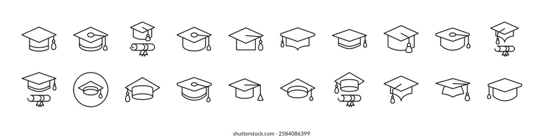 Academic Square Cap Set of Thin Icons. Editable Stroke. Suitable for Web Sites, Books, Cards, Apps 