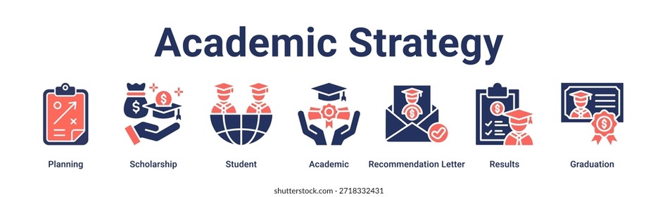 Akademische Strategie Banner Web-Symbol Vektorgrafik-Konzept für Bildung mit Symbol der Planung, Stipendium, Student, Akademische, Empfehlungsschreiben, Ergebnisse.