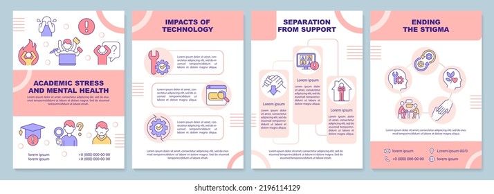 Academic stress and mental health pink brochure template. Leaflet design with linear icons. Editable 4 vector layouts for presentation, annual reports. Arial-Black, Myriad Pro-Regular fonts used