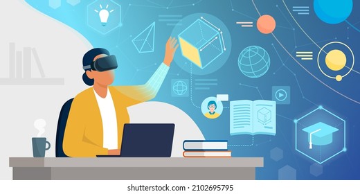 Academic student sitting at desk and interacting with virtual reality, she is wearing a VR headset and learning in the metaverse