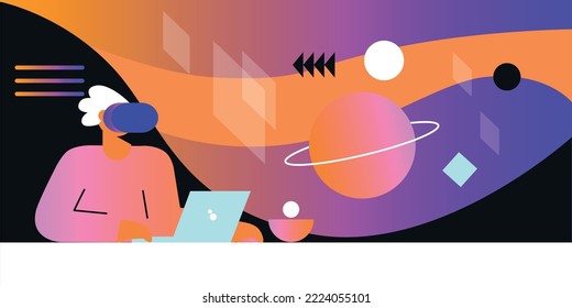 Academic student sitting at desk and interacting with virtual reality, she wearing VR headset and learning in metaverse.  Metaverse flat vector illustration.