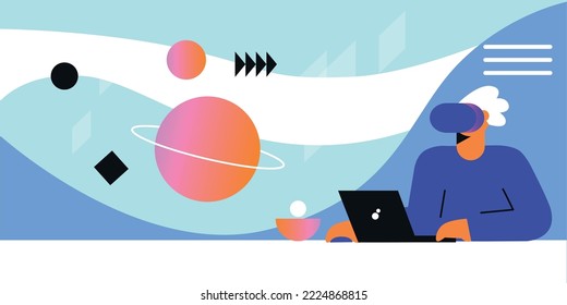 Academic student sitting at desk and interacting with virtual reality, she wearing VR headset and learning in metaverse.  Metaverse flat vector illustration.