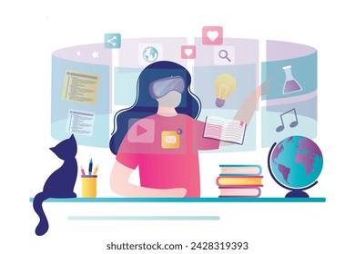 Academic student sitting at desk and interacting with virtual reality. Female user wearing a VR headset and learning in the metaverse. Online lesson. New technology of education. vector illustration 