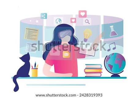 Academic student sitting at desk and interacting with virtual reality. Female user wearing a VR headset and learning in the metaverse. Online lesson. New technology of education. vector illustration 