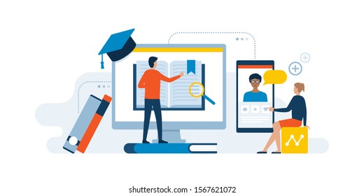 Academic students learning online on computer and smartphone: e-learning and online courses concept