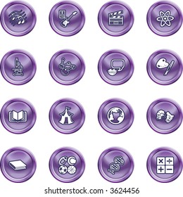 Academic study subject icons.  A subject category icon set eg. science, maths, language, literature, history, geography, musical, physical education etc